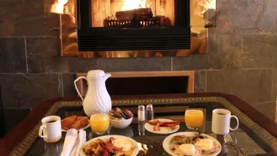 Breakfast tray in front of fireplace